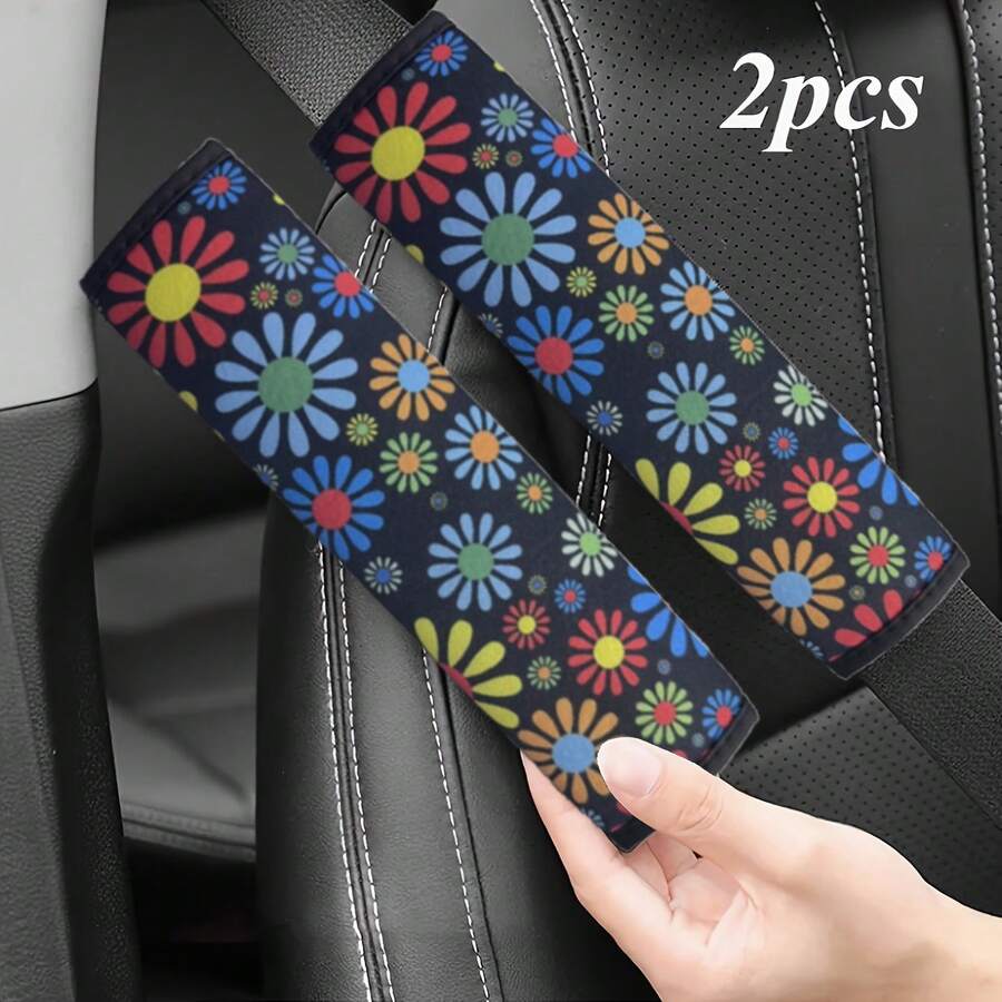 2pcs Colorful Floral Car Safety Belt Covers, Enhance Driving Comfort, Shoulder Strap Covers - A - View 1