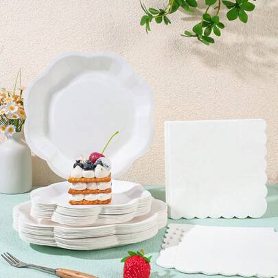 Platos de papel desechables de 7/9 pulgadas con borde de encaje, servilletas, set de suministros para fiestas, adecuado para revelación de género, celebraciones, cumpleaños, bodas, despedidas de soltera, reuniones familiares, picnics