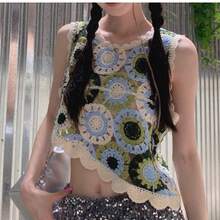 Women's Retro Patchwork Hollow Crochet Asymmetrical Knit Vest Top - Multicolor - View 3