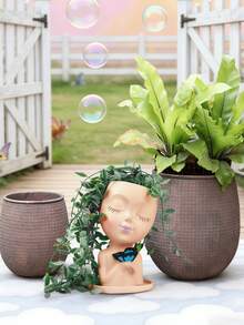 Facial Planter/Pot, Suitable For Indoor And Outdoor Plants, Made Of Resin, Suitable For Succulents, With Drainage Hole, Cute Lady Face Shaped Planter - A - View 5