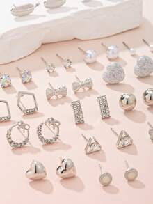 20 Pairs Of Irregular Geometric Cute Flower-Shaped Heart-Shaped Butterfly Multi-Element Earrings. Suitable For Daily Wear, Casual Outings Or Parties. Fashionable Ladies' Exquisite Earrings. - Silver - View 3