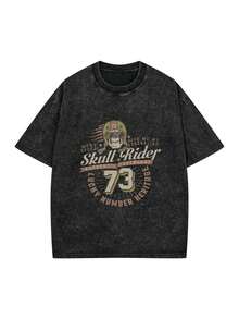 Unisex 230 GSM Heavy Cotton Vintage Distressed Tshirt - Skull Rider Lucky Number 73 Print, 100% Cotton, Loose Fit, High Quality Retro Stylegraphic Tees Men Summer Outfits - 黑色 - 查看 3