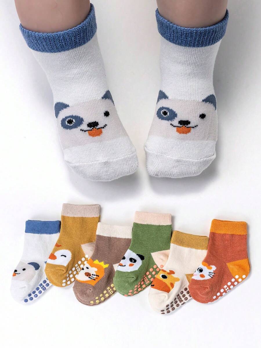 6 đôi tất ngắn chống trượt cho bé sơ sinh/trẻ nhỏ và tất chống trượt chấm bi họa tiết động vật - Nhiều màu - Xem 1