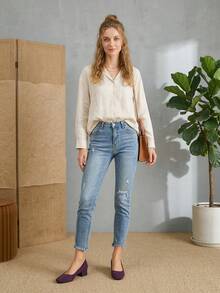 新款波点粗跟女鞋，方头套脚舒适休闲鞋，大码低跟鞋 - 紫色 - 查看 9