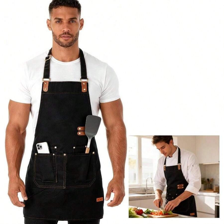 Chef Aprons Men Women With Pockets, Adjustable Aprons U2013 Durable Canvas Construction With 2 Roomy Pockets, Versatile Coffee Shop Service, Crafting Pro Restaurant Use - ban đầu - Xem 1