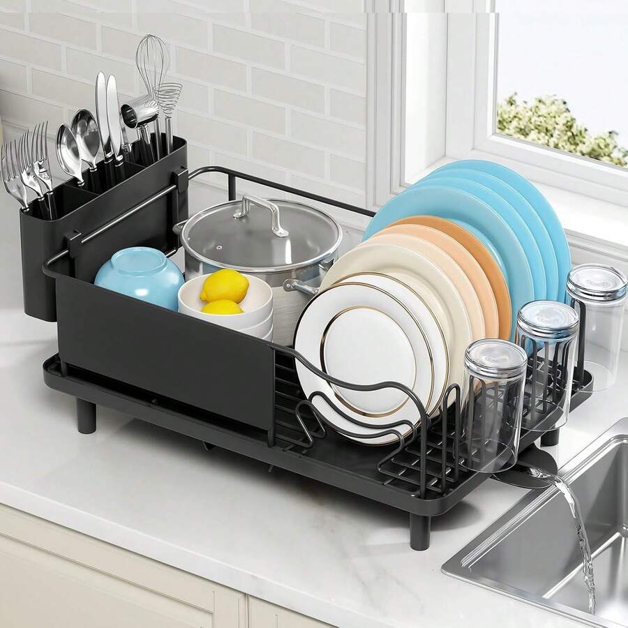 Dish Drainer Rack, Stainless Steel Dish Rack, Draining Board Rack With Anti-Rust Frame, Optional 2 Direction Spout Sink Drain Board Design, Removable Large Utensil Holder For Kitchen, Grey - Black - View 1