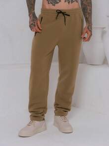 Men's Fleece Sweatpants / Zippered Pockets / Elastic Waistband - Khaki - View 1