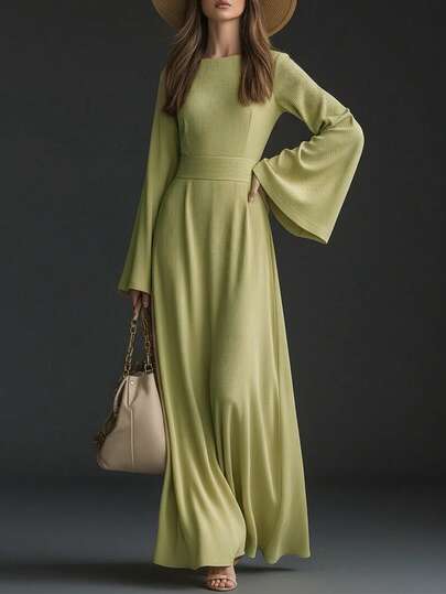 Elegante abito a maniche a sbuffo di design di alta gamma in stile francese, con un tocco versatile europeo e americano, abito midi a vita svasata con scollo tondo, adatto per la primavera