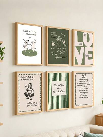 6 Pieces Simple Green Inspirational Quotes Wall Art Posters Retro Canvas Pictures Hanging Paintings Home Aesthetic Decor Living Room Bedroom Apartment Decoration No Frame