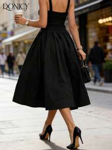 DONICY 女士纯黑色高腰长裙，优雅弹力腰A字裙摆，适合春夏日常穿着及度假 - 黑色 - 查看 2