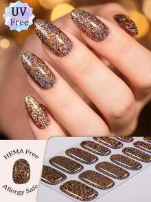 16pcs Retro Holographic Gradient Gel Nail Stickers, Iridescent Powder Design, Low Allergy, Protect Natural Nails, Long-Lasting, No UV Lamp Needed, Suitable For Women/Girls Daily, Social Events, Banquets, DIY Nail Art Supplies - Multicolor - View 16