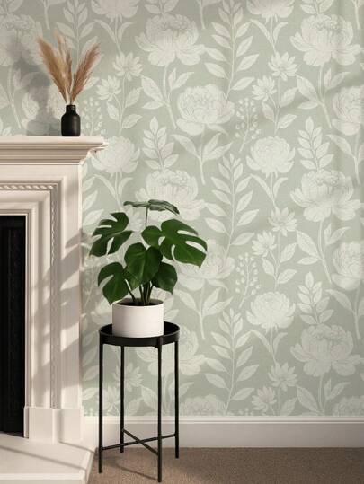 鼠尾草绿牡丹花卉图案自粘墙纸，复古植物防水PVC材质，可移除，无残留，多种尺寸可选，适用于卧室、客厅、乡村风格装饰