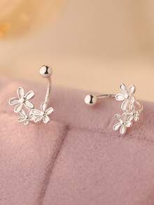 1 Pair Delicate Plum Blossom Screw-On Flower Earrings, Sweet 3-Flower Design Suitable For Women's Daily Wear - Silver - View 4