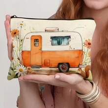 1 pieza Bolsa de maquillaje con estampado floral de caravana vintage - Estuche de cosméticos de viaje de acuarela "Happy Campers" organizador portátil de lona con cremallera para mujeres, niñas y amantes del camping - Multicolor - Ver 10