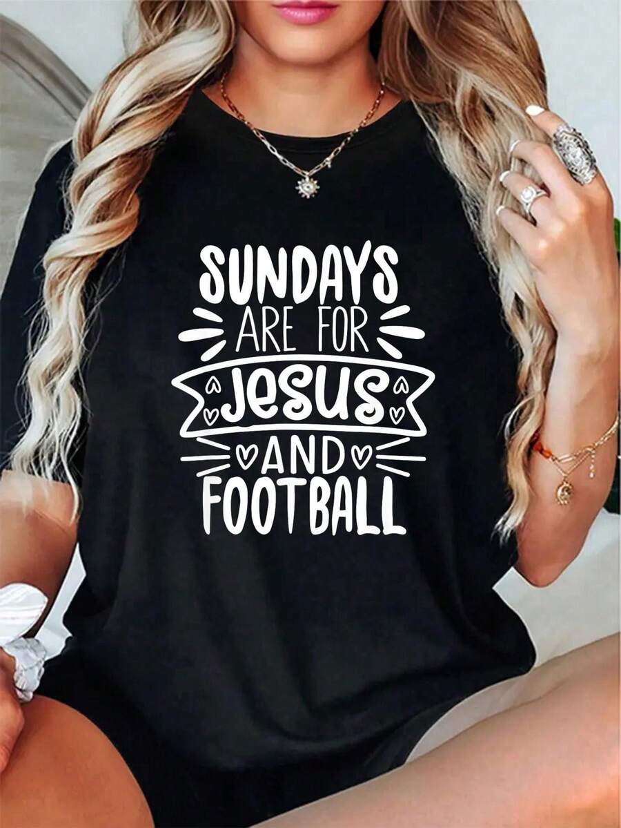 Camiseta Divertida Cristiana Unisex 100% Algodón - "Los Domingos Son Para Jesús Y El Fútbol", Camiseta De Manga Corta De Verano Para Hombre - Negro - Ver 1