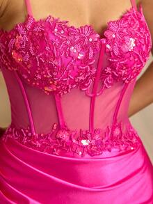 Đầm dạ hội màu tím đỏ thanh lịch, dây mảnh, ren đính hạt và thêu, xẻ cao, ôm sát cơ thể, đa năng cho các buổi tiệc tối trang trọng, tiệc tùng, dự đám cưới, lễ tốt nghiệp và lễ hội mùa xuân. - Màu Hoa hồng đỏ - Xem 6