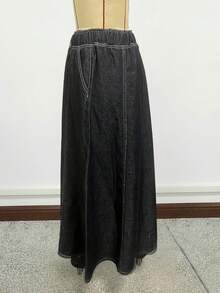 Women's Casual Paperbag Elastic High Waist A Line Long Maxi Flare Denim Skirt - 黑色 - 查看 4