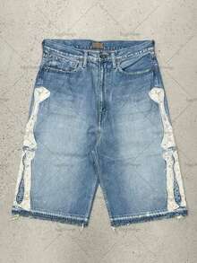 Men's Vintage Washed Skeleton Bone Embroidered Denim Shorts, Loose Fit Frayed Hem Knee Length Streetwear Jeans Shorts - Màu xanh lam - Xem 1