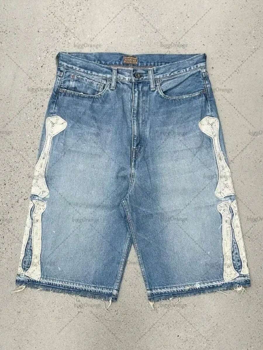 Men's Vintage Washed Skeleton Bone Embroidered Denim Shorts, Loose Fit Frayed Hem Knee Length Streetwear Jeans Shorts - Màu xanh lam - Xem 1