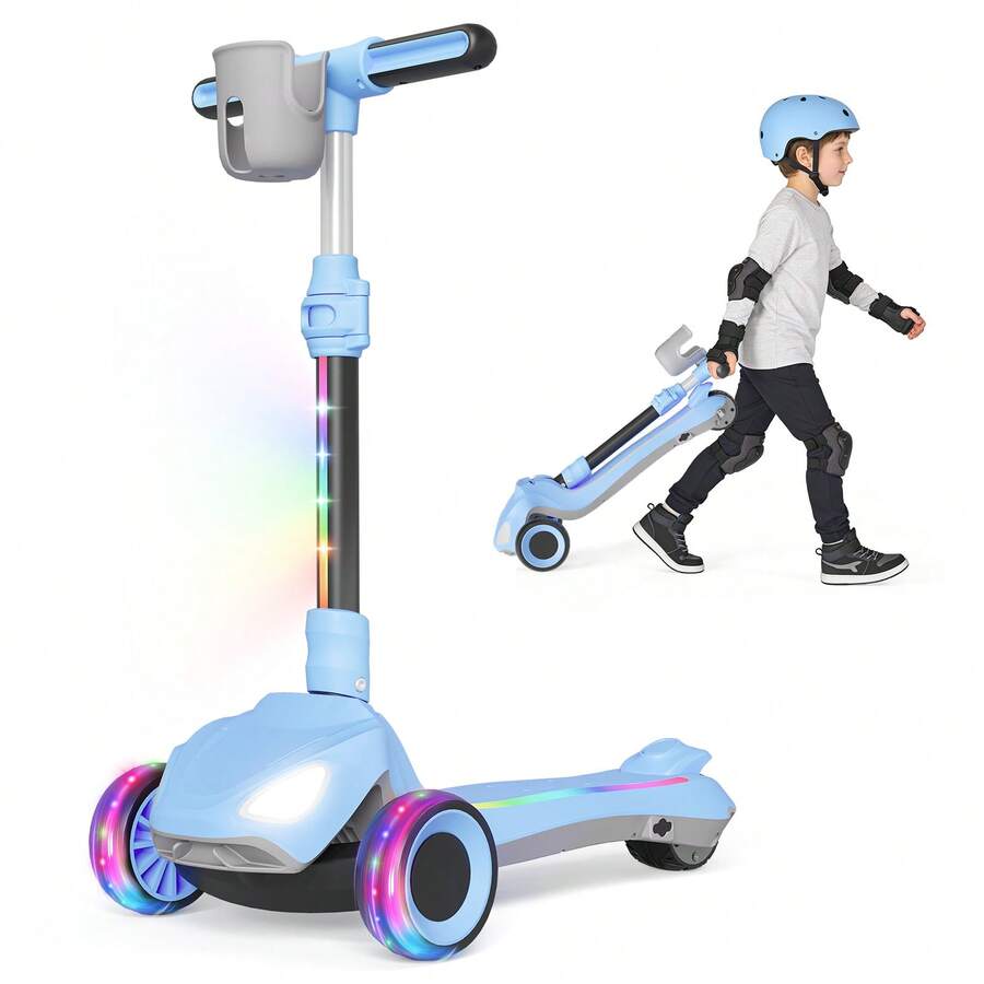 Kids 3 Wheel Electric Scooter Foldable, Lean-To-Steer, Thumb Throttle, LCD Screen, Light-Up Wheels & Deck, 3 Adjustable Heights, 6.5" Wheels, 5 MPH, Gift For Boys & Girls