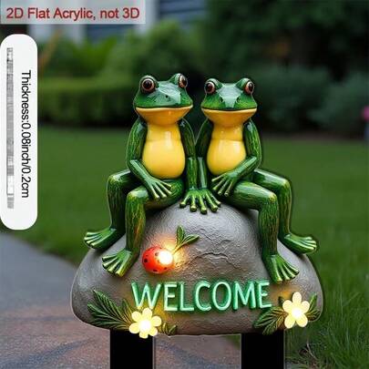 1pc 2D Acrylic Plant Stand, Designed For Garden, Features Two Frogs Sitting On A Welcome Stone. It Enhances Flower Beds And Lawns, Making It An Ideal Choice For Decor And Gardening Enthusiasts