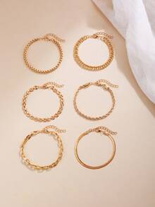 6pcs Vintage Punk Style Metal Chain Bracelet Set, Combination Of Metal Rings, Ropes, Snake And Twisted Designs, Multi-Layer Bracelets, Daily Wear, Mother's Day Gift - Gold - View 4