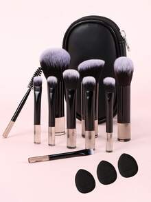 Bộ 10 cọ trang điểm mini màu hồng + 1 túi đựng mini có khóa kéo + 3 cọ trang điểm (bông tán phấn, tạo khối, má hồng, phấn mắt, highlight, kẻ lông mày), dụng cụ trang điểm du lịch tiện lợi. - màu đen - Xem 6