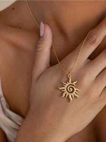 1pc Minimalist 18K Gold Plated Stainless Steel Sunburst Pendant Necklace, Spiral Design Choker, Elegant Summer Jewelry For Women, Daily Wear Gold Chain - 金色 - 查看 3