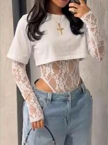 Women's Sexy Sheer Lace Short Sleeve Crop Top, Solid Color Lace Patchwork See-Through Sexy Bodysuit For Daily Wear, Dating, Single Party, Stage Performance, Spring/Summer Pink - 白色 - 查看 2