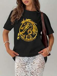 Women's Fashionable Printed Pure Cotton Short-Sleeved T-Shirt, Featuring A Graphic Print Design, Round Neck Short Sleeves, Soft And Breathable, Versatile, Suitable For Everyday Wear, A Must-Have For Fashionable Women! - Black - View 1