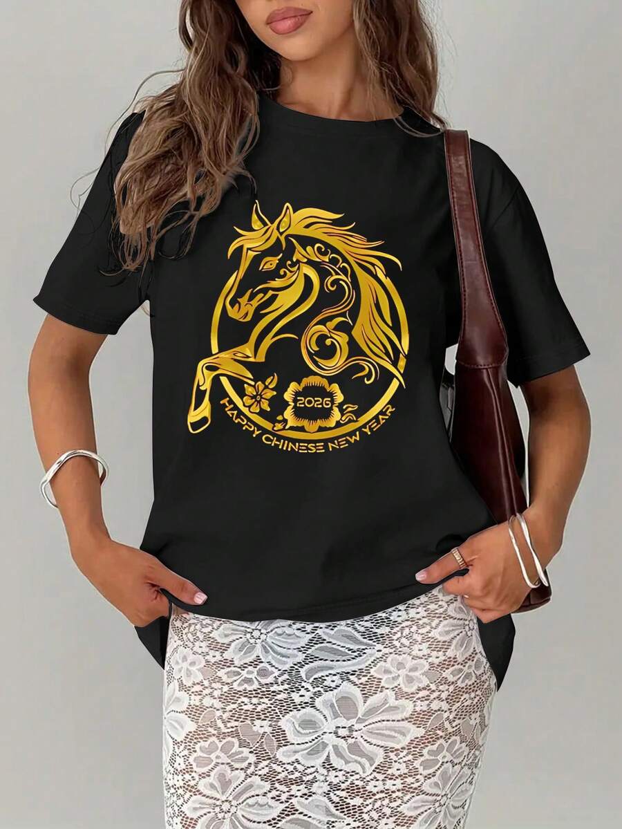 Women's Fashionable Printed Pure Cotton Short-Sleeved T-Shirt, Featuring A Graphic Print Design, Round Neck Short Sleeves, Soft And Breathable, Versatile, Suitable For Everyday Wear, A Must-Have For Fashionable Women! - Black - View 1