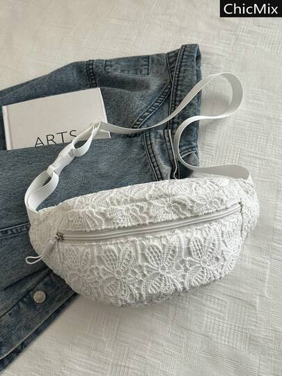 纯色多功能大容量便携精致腰包，优雅百搭的蕾丝花纹女士斜挎包，适合购物、携带钱包、年轻女性、大学生、职场新人及白领人士。非常适合办公室、大学、工作、商务、通勤、户外活动、旅行和郊游等场合。