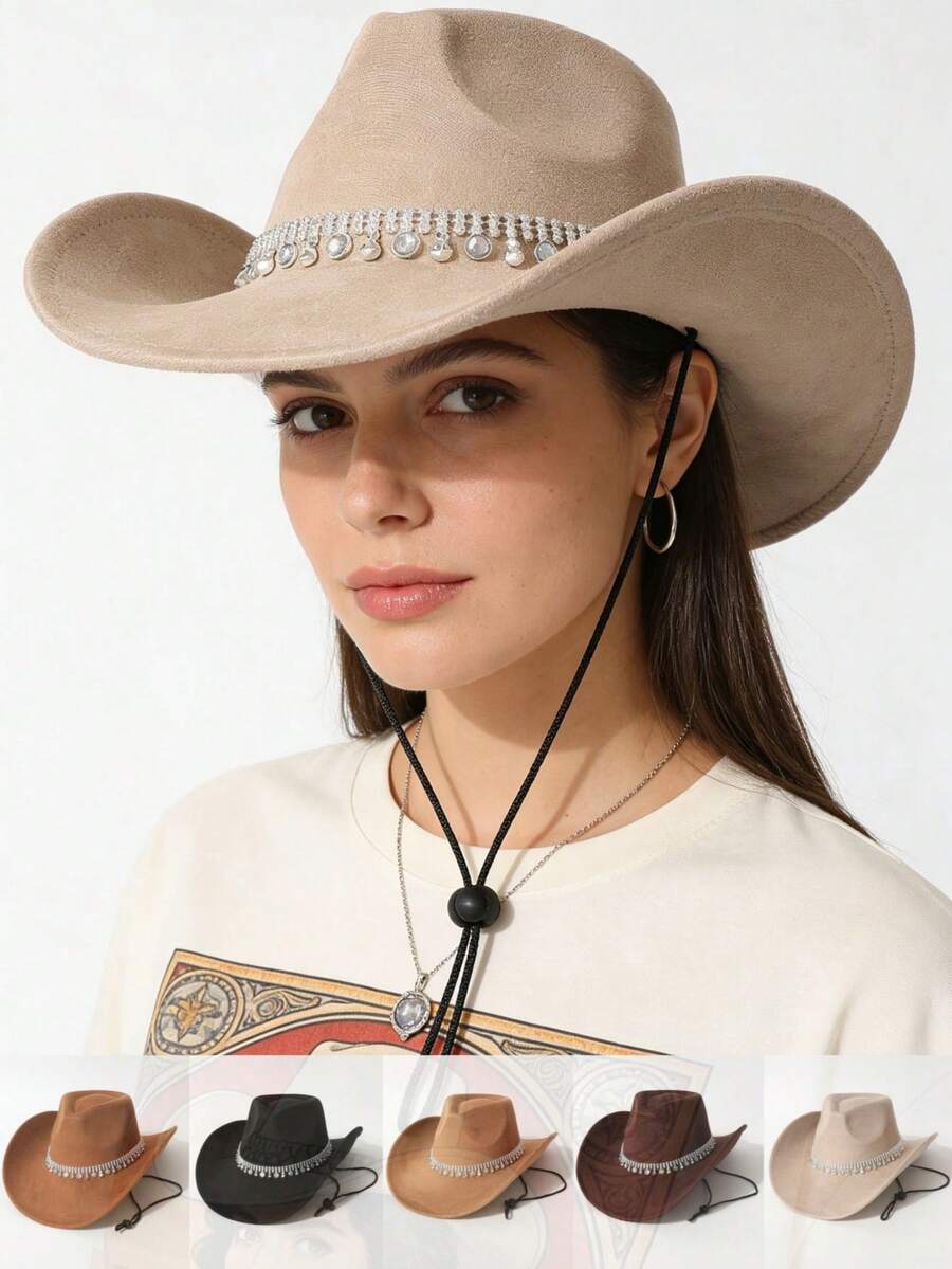 1 pieza Sombrero de vaquero de ante retro con diamante de imitación, cordón ajustable, adecuado para festivales de música, fiestas y actividades al aire libre - sombrero de copa - Ver 1