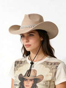 1 pieza Sombrero de vaquero de ante retro con diamante de imitación, cordón ajustable, adecuado para festivales de música, fiestas y actividades al aire libre - sombrero de copa - Ver 7