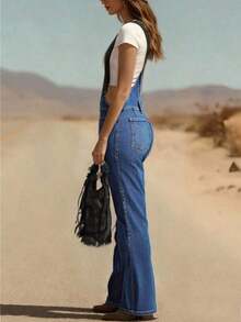 Women's Western Vintage Washed Loose Adjustable Shoulder Strap Denim Overall Workwear Pants, Washed Denim Fabric, College Style, Fashionable And Elegant Outfit, Suitable For Back-To-School, Teachers, Outings, And Travel Wear - 棕色 - 查看 8