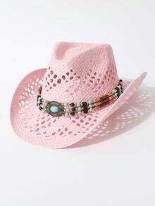 1 件女士夏季锆石装饰链条镂空透气太阳帽，男女通用时尚个性爆款西部牛仔帽遮阳帽，适合海滩旅行，日常防晒 - 禮帽 - 查看 4