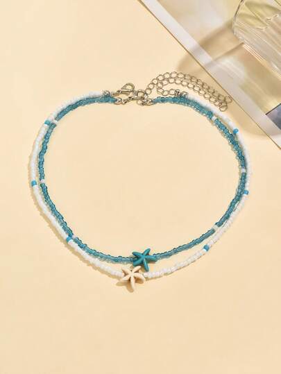 2pcs Minimalist Ocean Style Pearl Beaded Sea Star Pendant Necklace Set, Layered Fashionable Choker For Teens