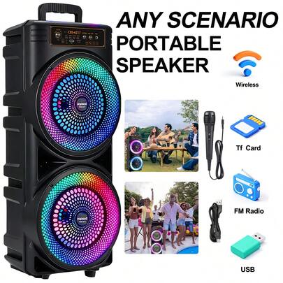 Portable Outdoor Wireless Speaker With Button-Controlled Subwoofer, 2400mAh Battery Capacity, RGB Lighting, Dazzling Light Effects, Dual Subwoofer Design, Suitable For Home, Outdoor, Parties, Square Dancing, Karaoke, Family Gatherings, Disco And Other Occasions, With Cool Lighting Effects.