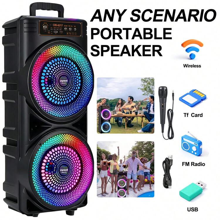 Portable Outdoor Wireless Speaker With Button-Controlled Subwoofer, 2400mAh Battery Capacity, RGB Lighting, Dazzling Light Effects, Dual Subwoofer Design, Suitable For Home, Outdoor, Parties, Square Dancing, Karaoke, Family Gatherings, Disco And Other Occasions, With Cool Lighting Effects. - 查看 1