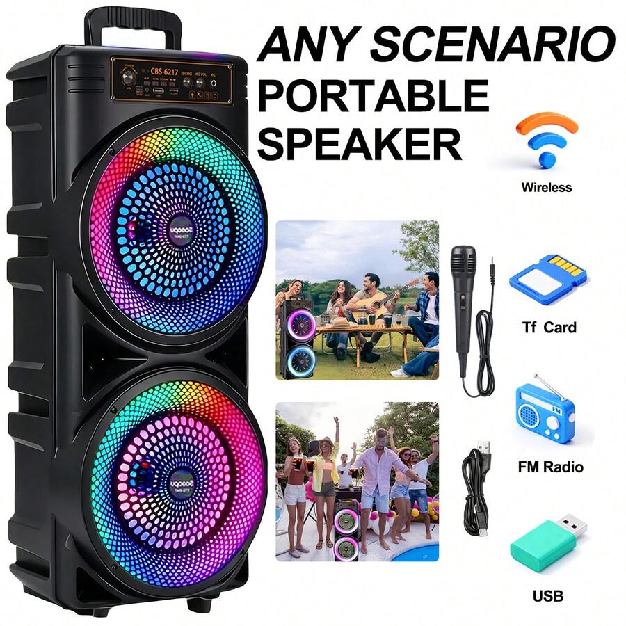 Portable Outdoor Wireless Speaker With Button-Controlled Subwoofer, 2400mAh Battery Capacity, RGB Lighting, Dazzling Light Effects, Dual Subwoofer Design, Suitable For Home, Outdoor, Parties, Square Dancing, Karaoke, Family Gatherings, Disco And Other Occasions, With Cool Lighting Effects. - 查看 1