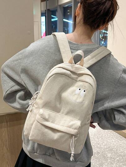 Ins风大容量背包，灯芯绒可爱笑脸设计，轻便透气书包/大学包，时尚百搭