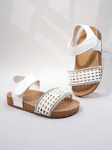 Girls' White Woven & Rhinestone Embellished Sandals, Open Toe Cork Footbed Summer Shoes For Kids - White - View 5