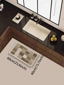 1pc Silica Gel Kitchen Floor Mat, Geometric Patchwork Pattern In Warm Tones Of Deep Brown, Light Brown And Beige. Combining Classic Checkerboard And Solid Color Blocks In A Vintage Yet Orderly Geometric Mosaic Design. - Multicolor - View 6