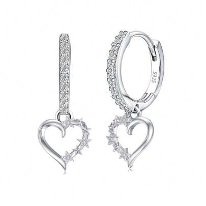 纯银防过敏女士耳环，镶嵌立方氧化锆，心形耳环，时尚精致耳环，生日礼物