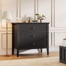Armario con 3 cajones ranurados, cómoda de madera ancha, organizador moderno de armario de armario con patas de metal y dispositivo anti - basculamiento para Sala de Estar del dormitorio - Negro - Ver 4