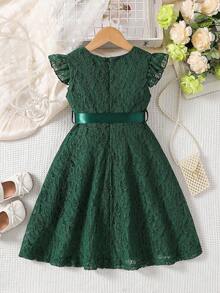 coviviky Young Girls Ruffled Cap Sleeve Round Neck Solid Color Lace Dress With Belt, Sweet, Cute, Elegant For Party, Wedding - Dark Green - View 2
