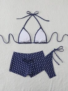 2026 Conjunto de 3 piezas de bikini con pantalones de tirantes con cordón y estampado de lunares para vacaciones de playa de verano para mujeres - azul real - Ver 6