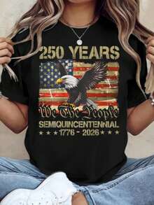 Women Loose 100% Cotton Graphic Tee, 250th American Independence Patriotic Print Top, Machine Washable Casual Outfit For 4th Of July Party Events - 黑色 - 查看 15
