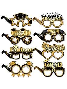 8pcs/Set Black & Gold Paper Glasses, Graduation Photo Props, Graduation Party Paper Glasses Decor, Graduation Ceremony Funny Glasses Decorations, Suitable For Party Decor And Home Decor - Multiple Styles - View 2