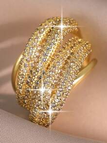 1枚奢华多层线条扭纹戒指，镶嵌立方氧化锆，独特设计，不规则造型，适合婚礼、订婚、周年纪念、宴会等场合，亦可作为情人节礼物。 - 金黃色 - 查看 8